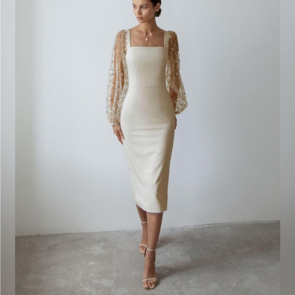 🔥Lichi Cream Sheath Midi Dress with Puff Sleeves in Perfect condition 🔥 - Picture 4 of 13
